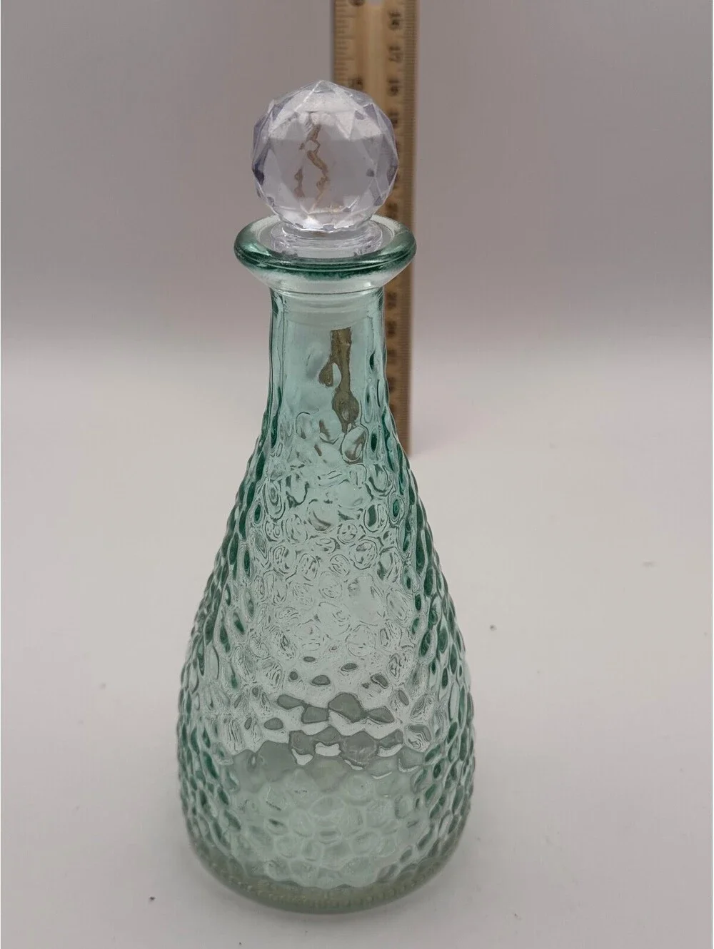 Vintage Aqua Hobnail Glass Decanter Bottle w/ Faceted Stopper 8